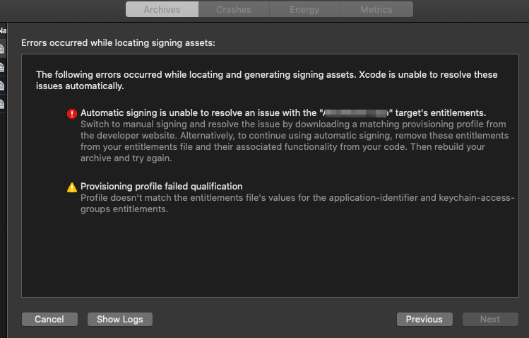 Profile doesn't match the entitlements file's values for the application-identifier and keychain-access-groups entitlements